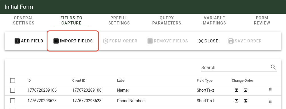 Import Fields button in form configuration