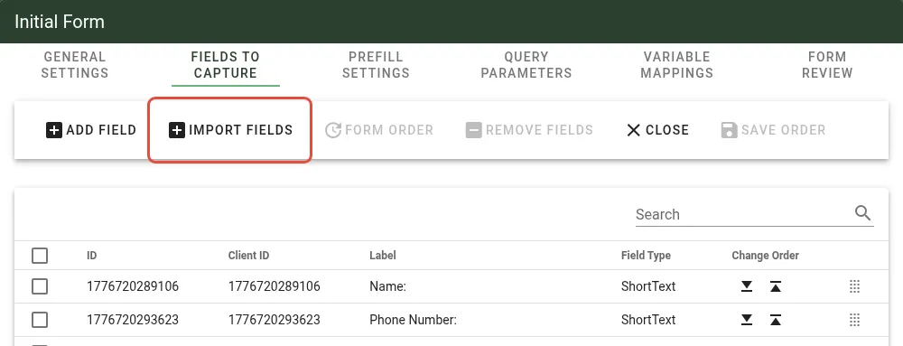 Import Fields button in form configuration