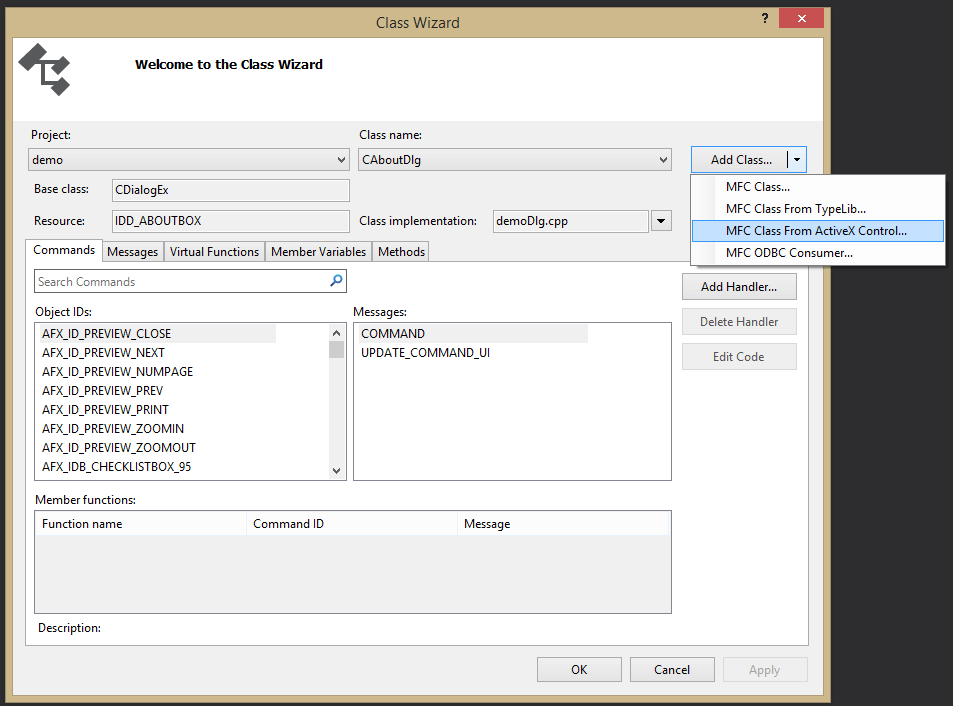 Setting up in the Class Wizard