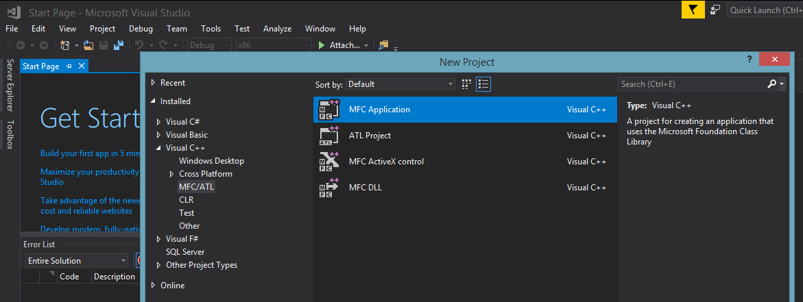 Visual Studio > MFC/ATL > MFC Application