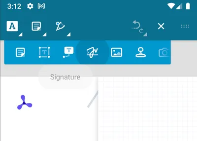 Android screenshot showing annotation toolbar with the second group expanded to show the highlighted signature icon.
