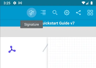 Android screenshot showing main toolbar with the signature button highlighted.