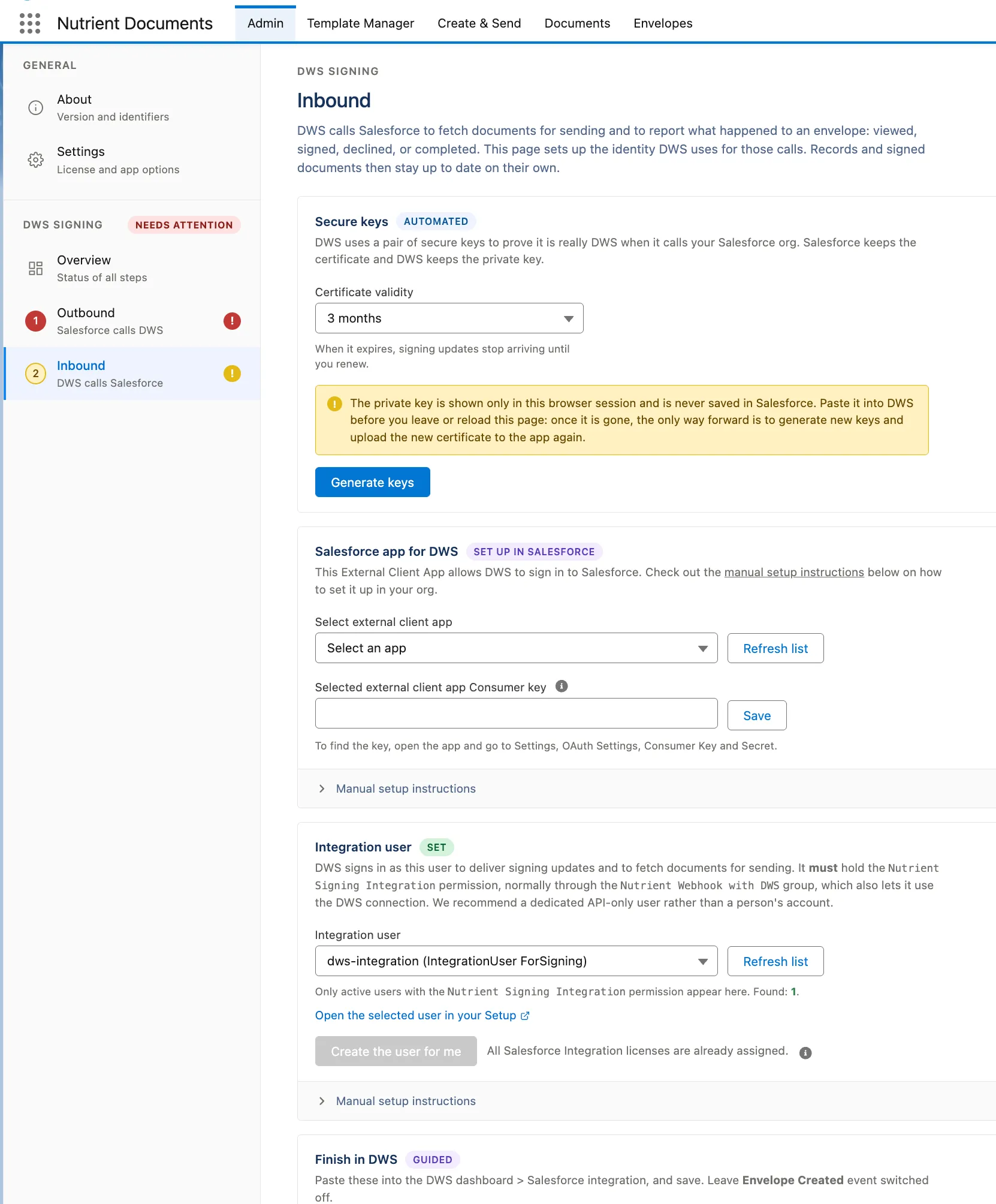 Nutrient Admin Inbound page showing secure key generation, Salesforce app selection, and integration user setup