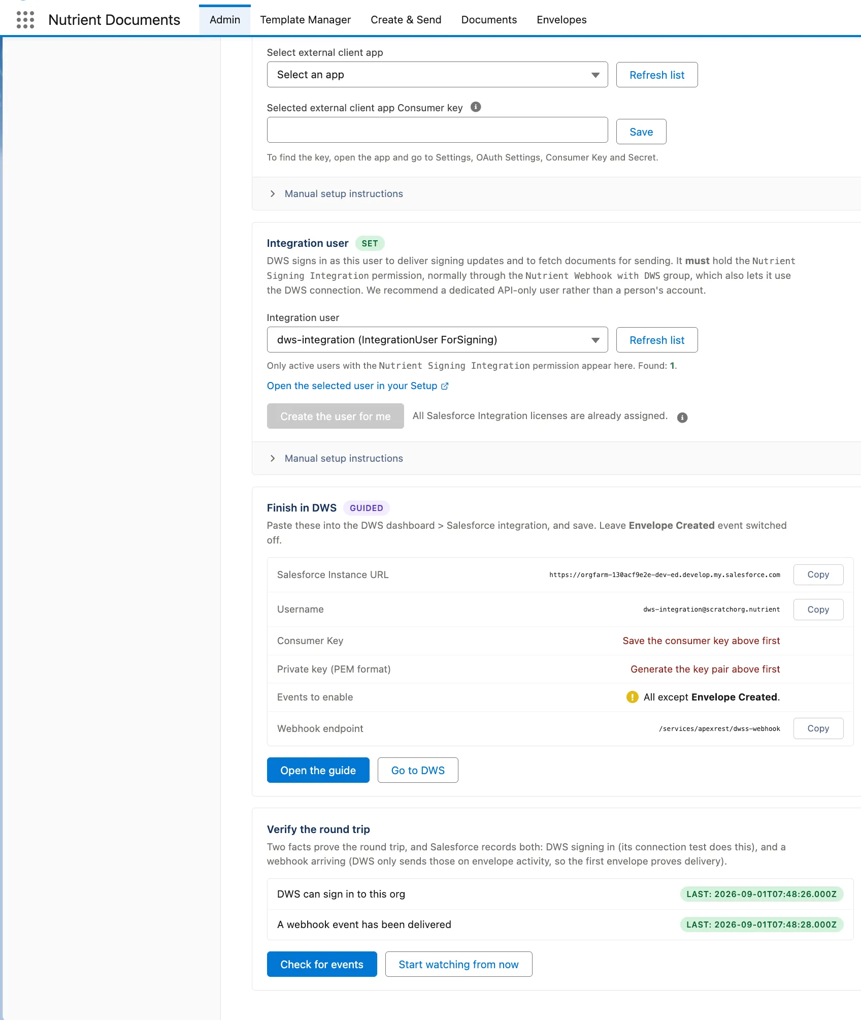 Nutrient Admin Inbound page showing the Finish in DWS section and values for the DWS Signer dashboard
