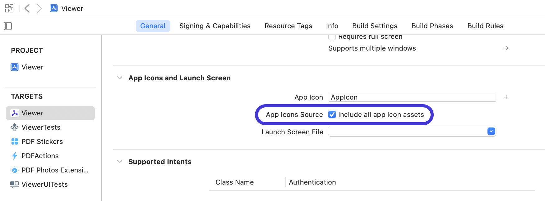 Screenshot of Xcode build settings showing the enabled setting App Icons Source: Include all app icon assets