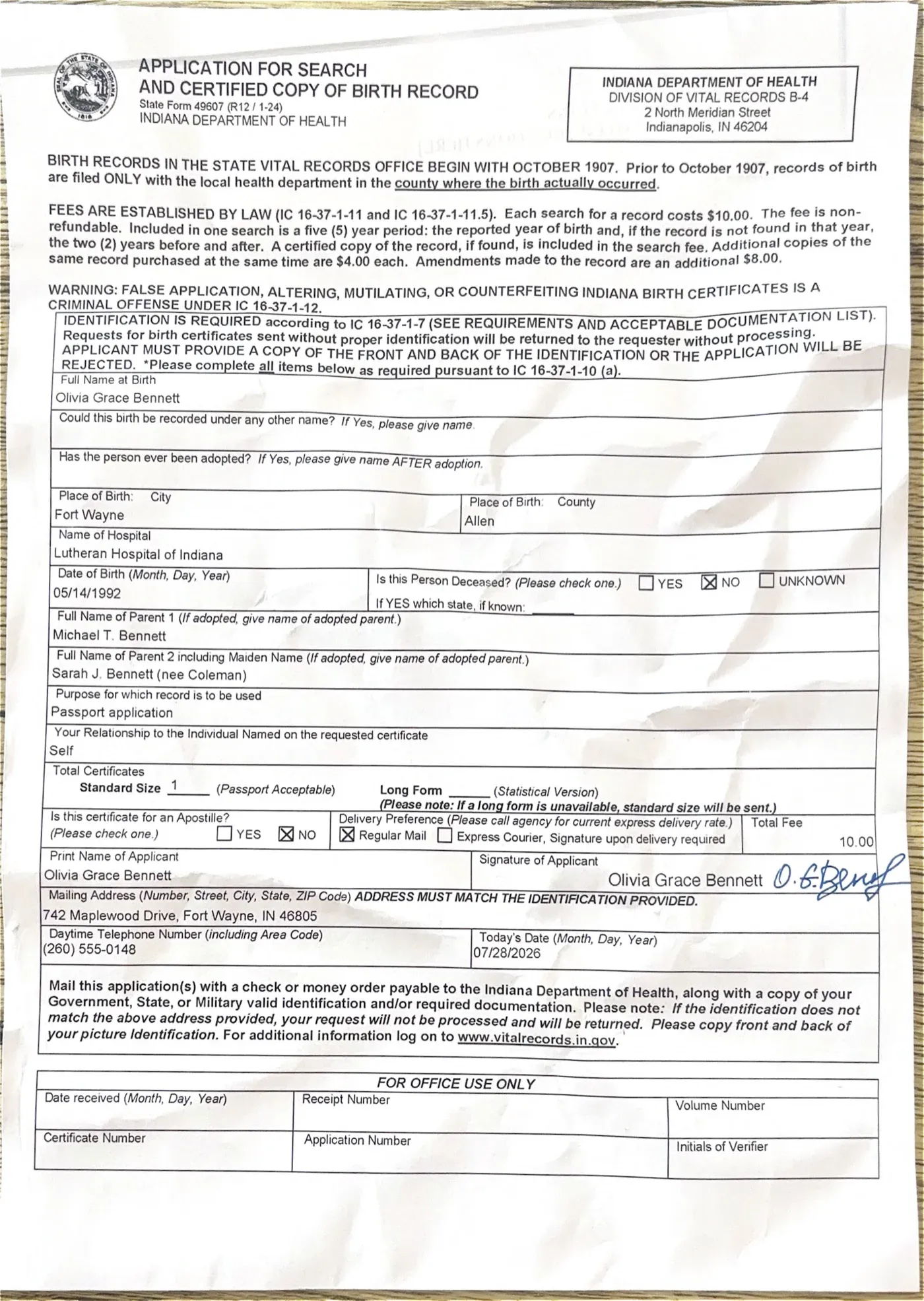 Indiana Certificate of Live Birth application showing the applicant signature block with adjacent handwritten signature and printed name fields.