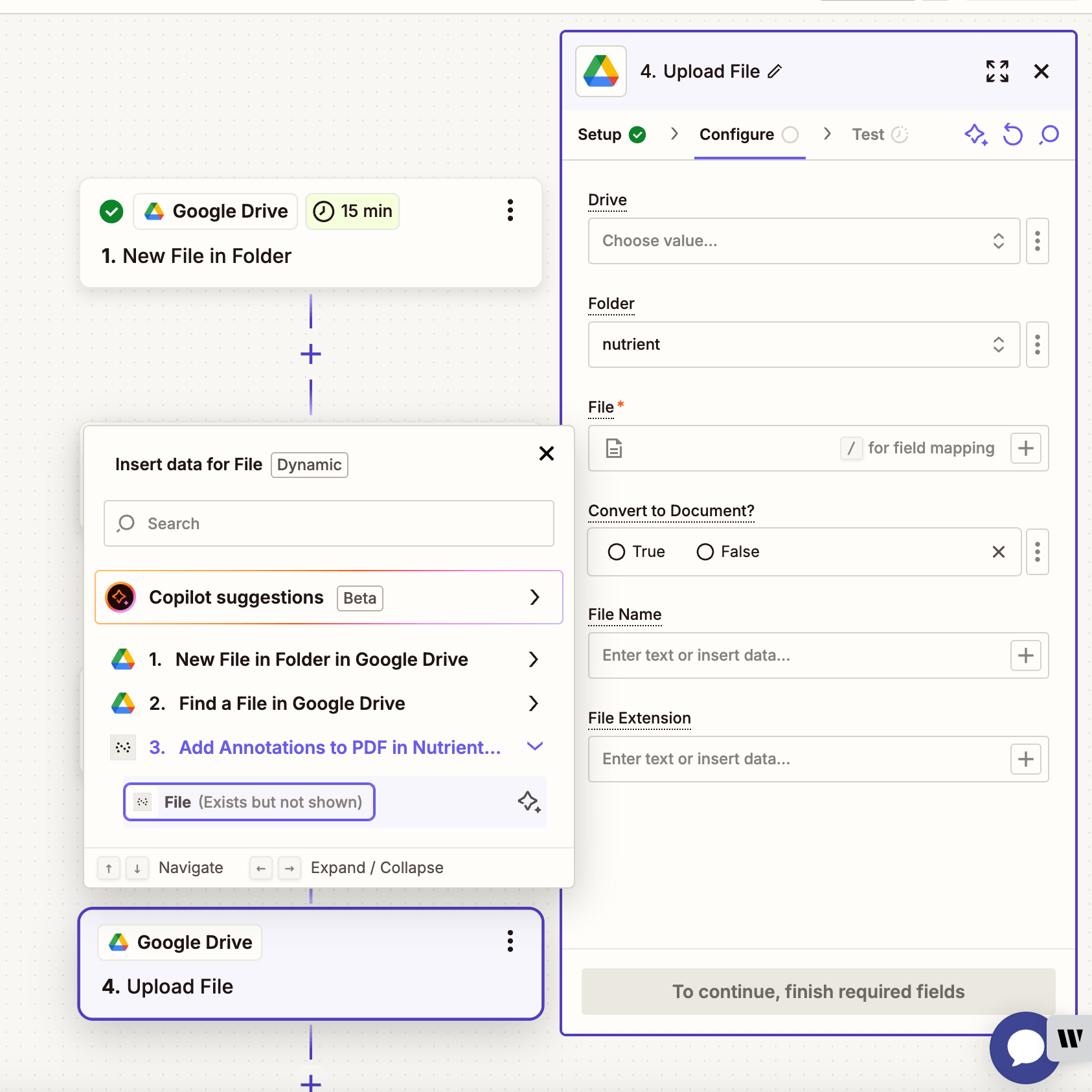 Map the output of the annotation step to upload it to Google Drive