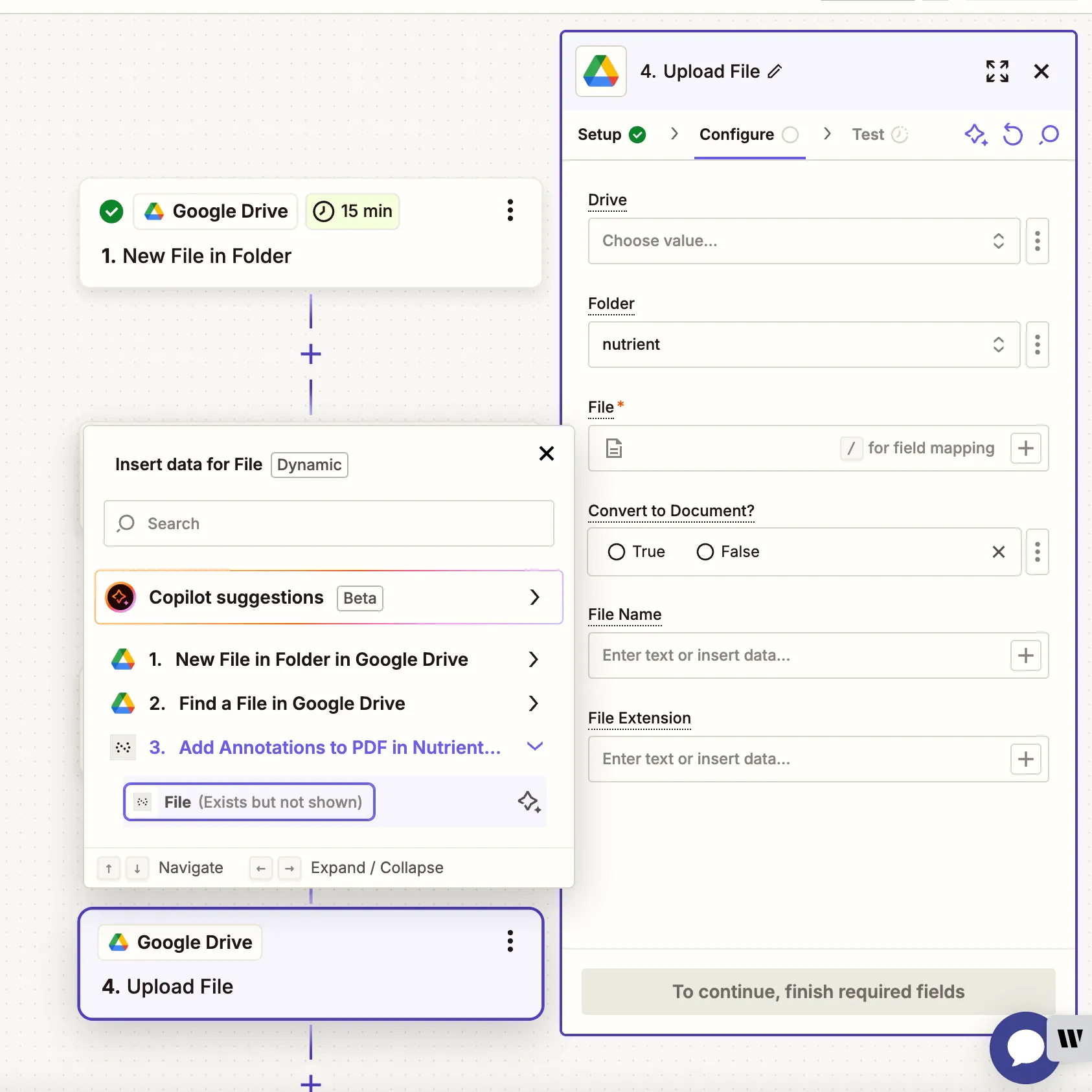 Map the output of the annotation step to upload it to Google Drive