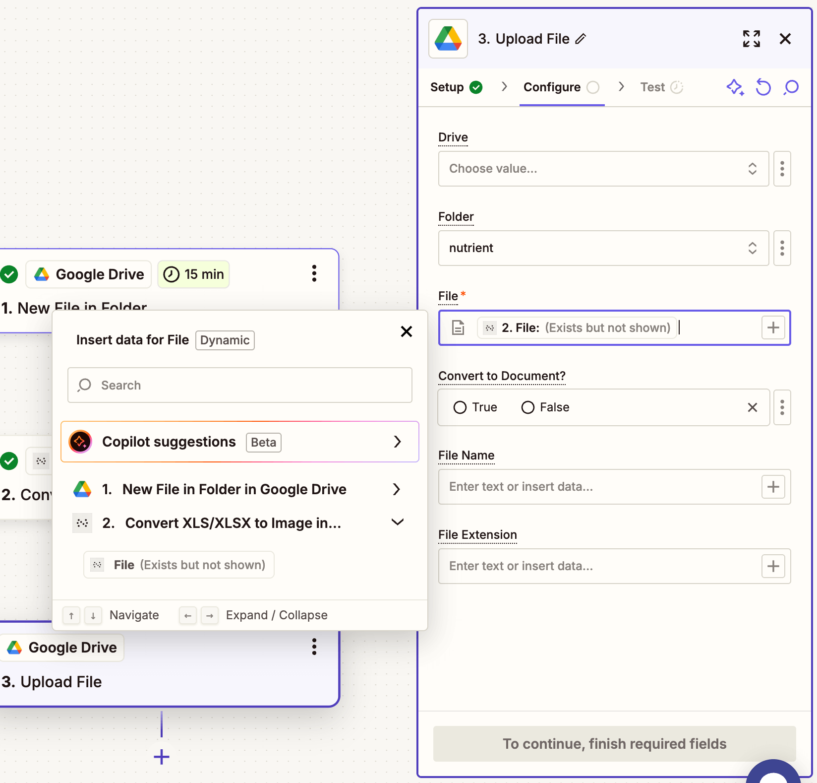 Drive and file fields configured for upload