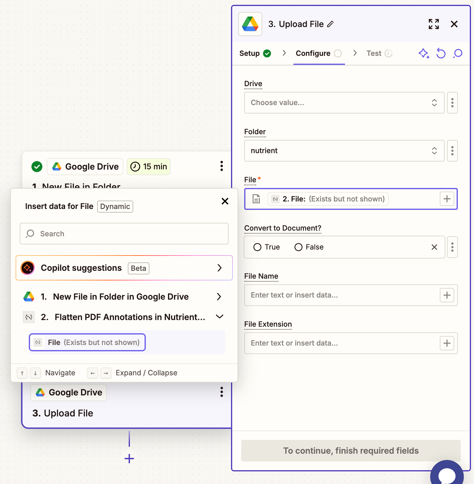 Map the flattened PDF output to upload it to Google Drive