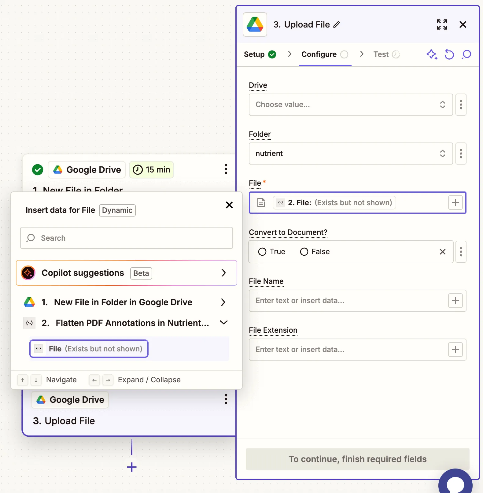 Map the flattened PDF output to upload it to Google Drive
