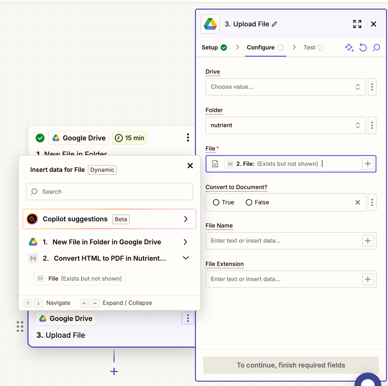 Upload configuration showing mapped PDF file output