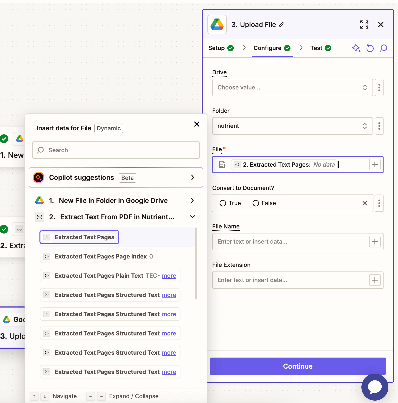 Map extracted text as file upload to Google Drive