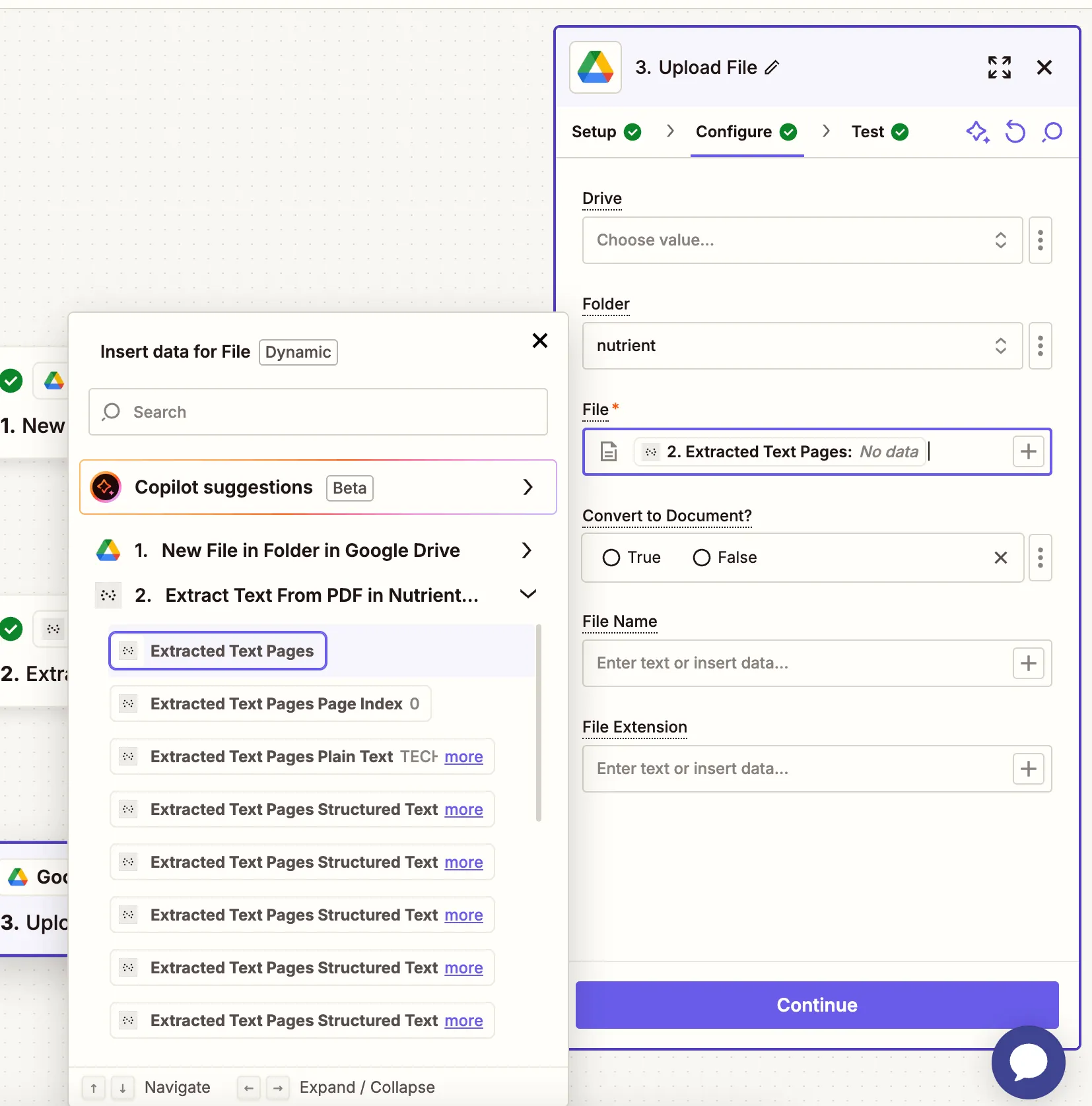 Map extracted text as file upload to Google Drive