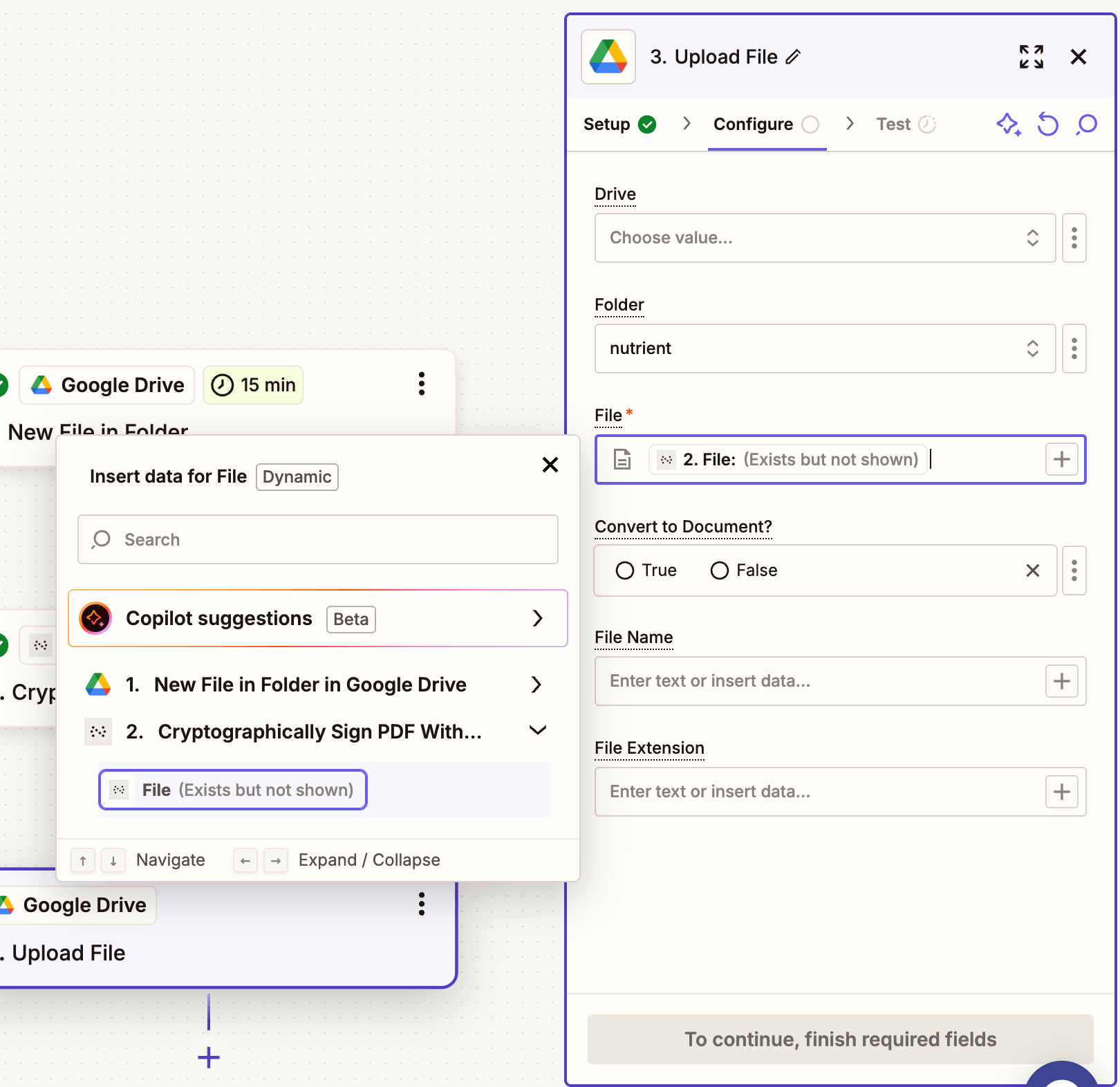 Configure the Drive upload step with output file
