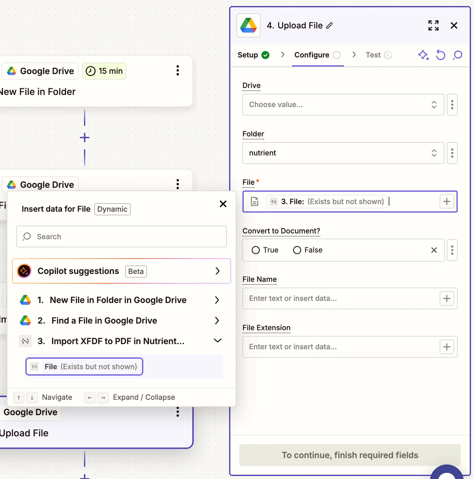 Map the output from XFDF import to the upload step