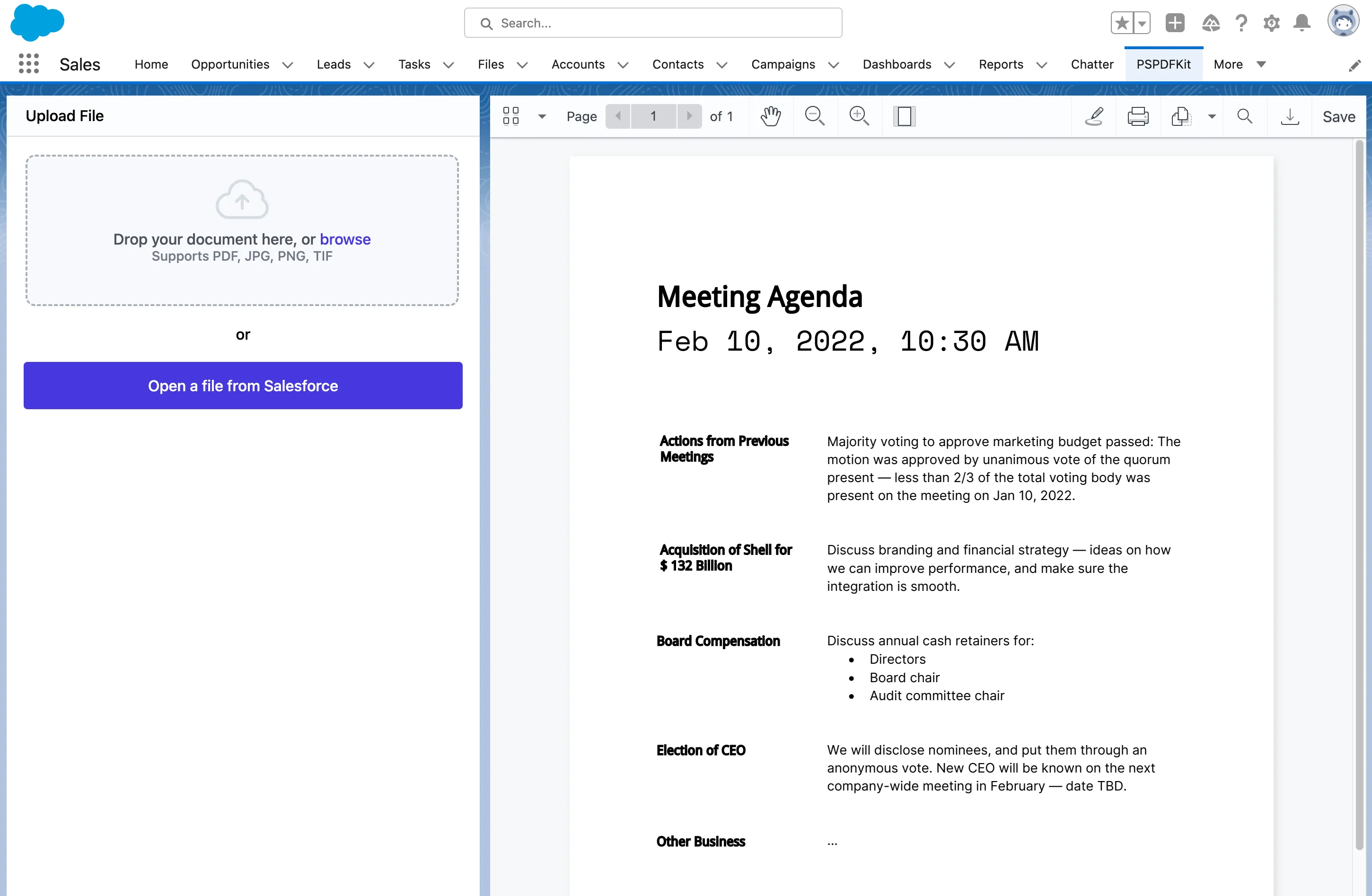 PSPDFKit tab in Salesforce environment
