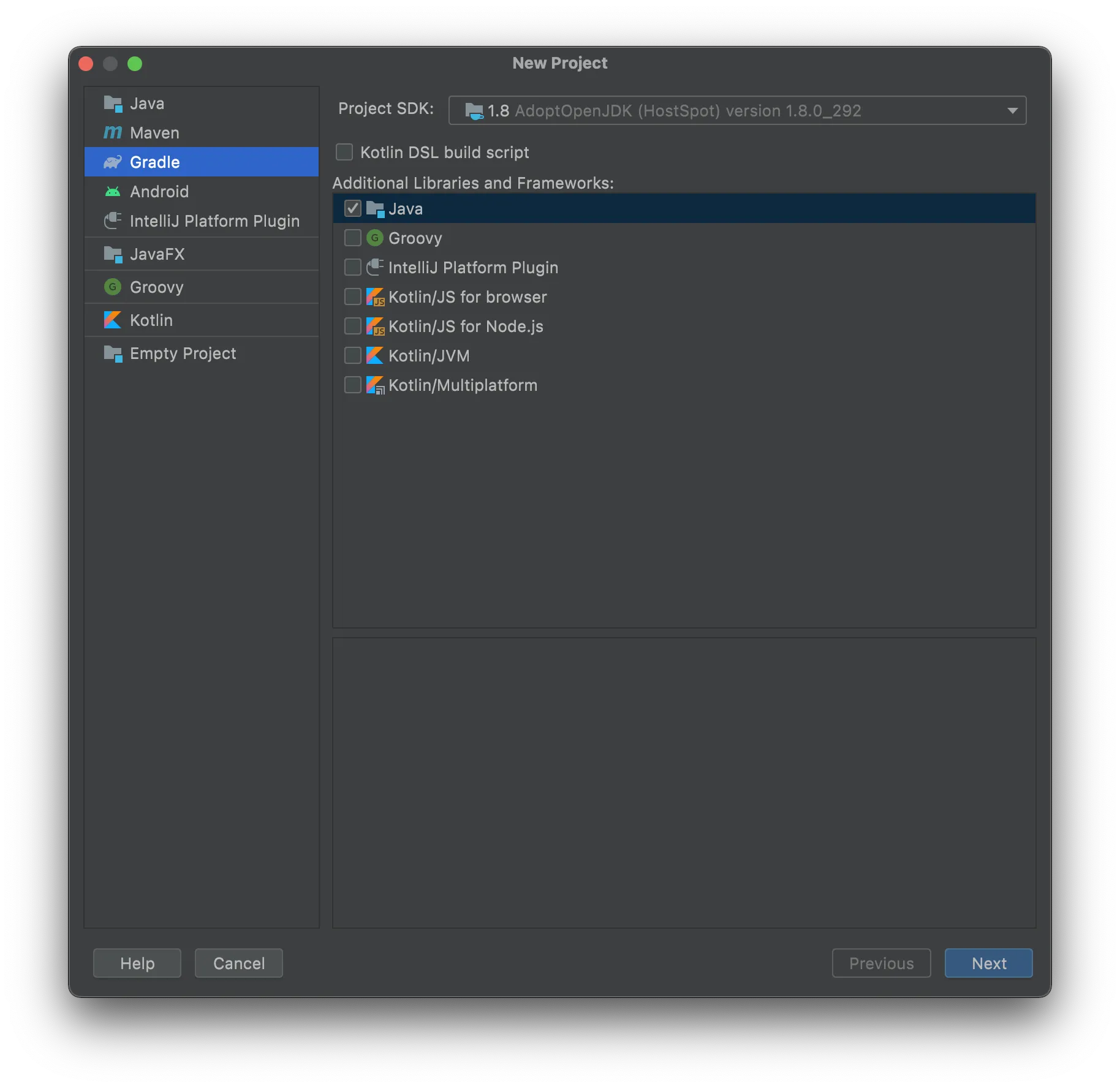 IntelliJ IDEA new project dialog showing Java language and Gradle build system configuration