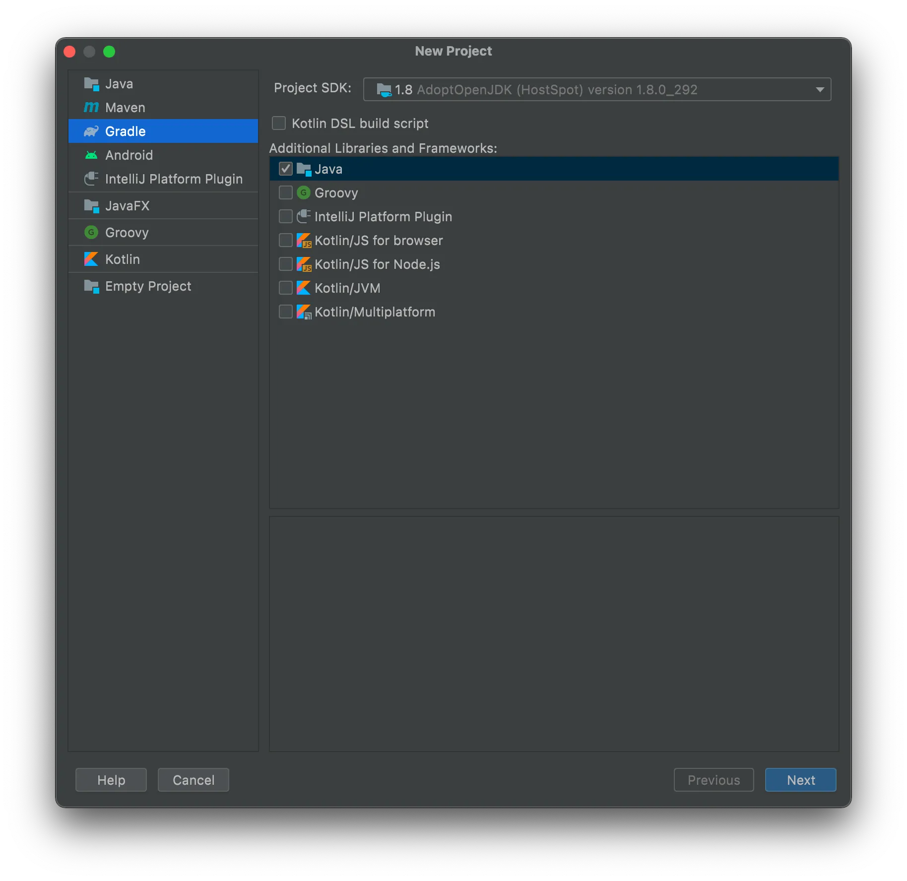 Screen capture of the IntelliJ new project wizard.