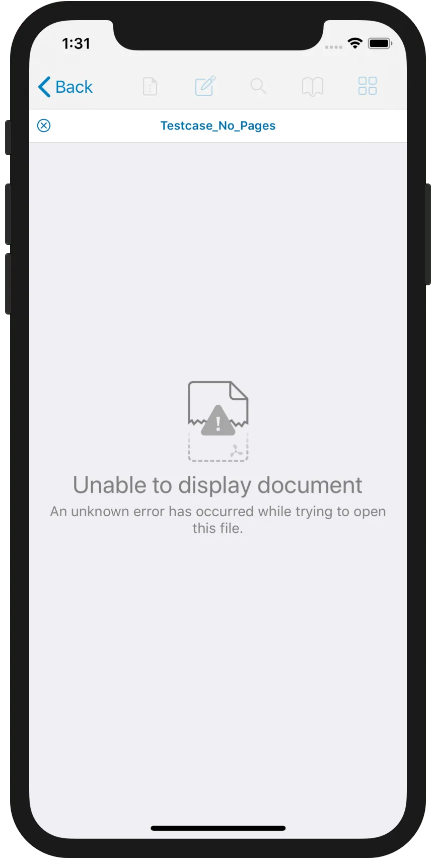 An iOS PDF viewer displaying a document loading error