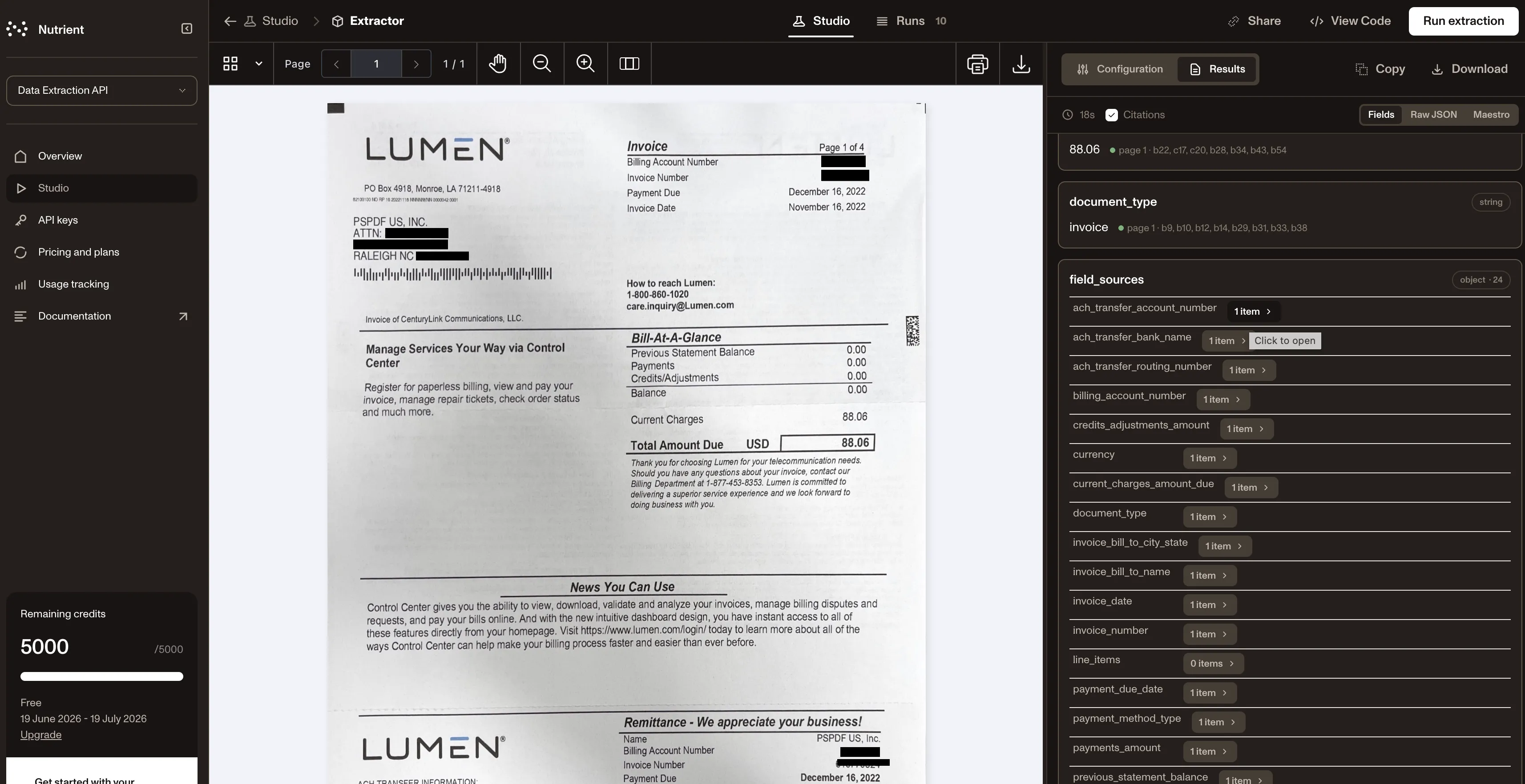 Screenshot of invoice data extraction results in Nutrient Data Extraction API Studio, showing extracted fields including document type, field sources, invoice date, payment due date, and payment method.