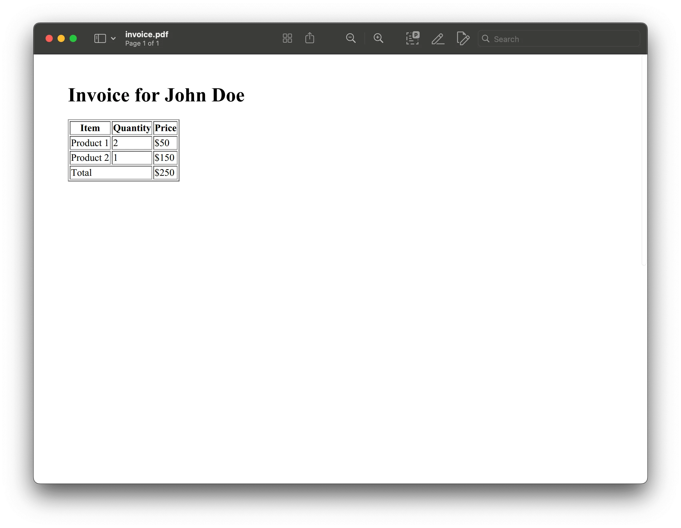 Generated invoice PDF with customer name and line items