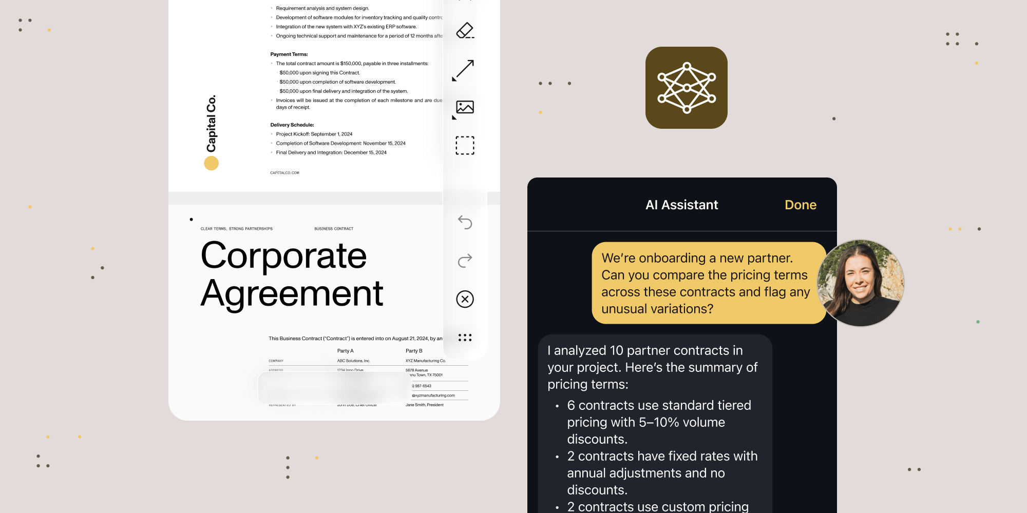 A corporate agreement document displayed on the left with an AI Assistant chat panel on the right. The user asks 'We’re onboarding a new partner. Can you compare the pricing terms across these contracts and flag any unusual variations?' The AI Assistant responds with a summary analyzing 10 partner contracts, noting that 6 use standard tiered pricing with volume discounts, 2 have fixed rates with annual adjustments, and 2 use custom pricing