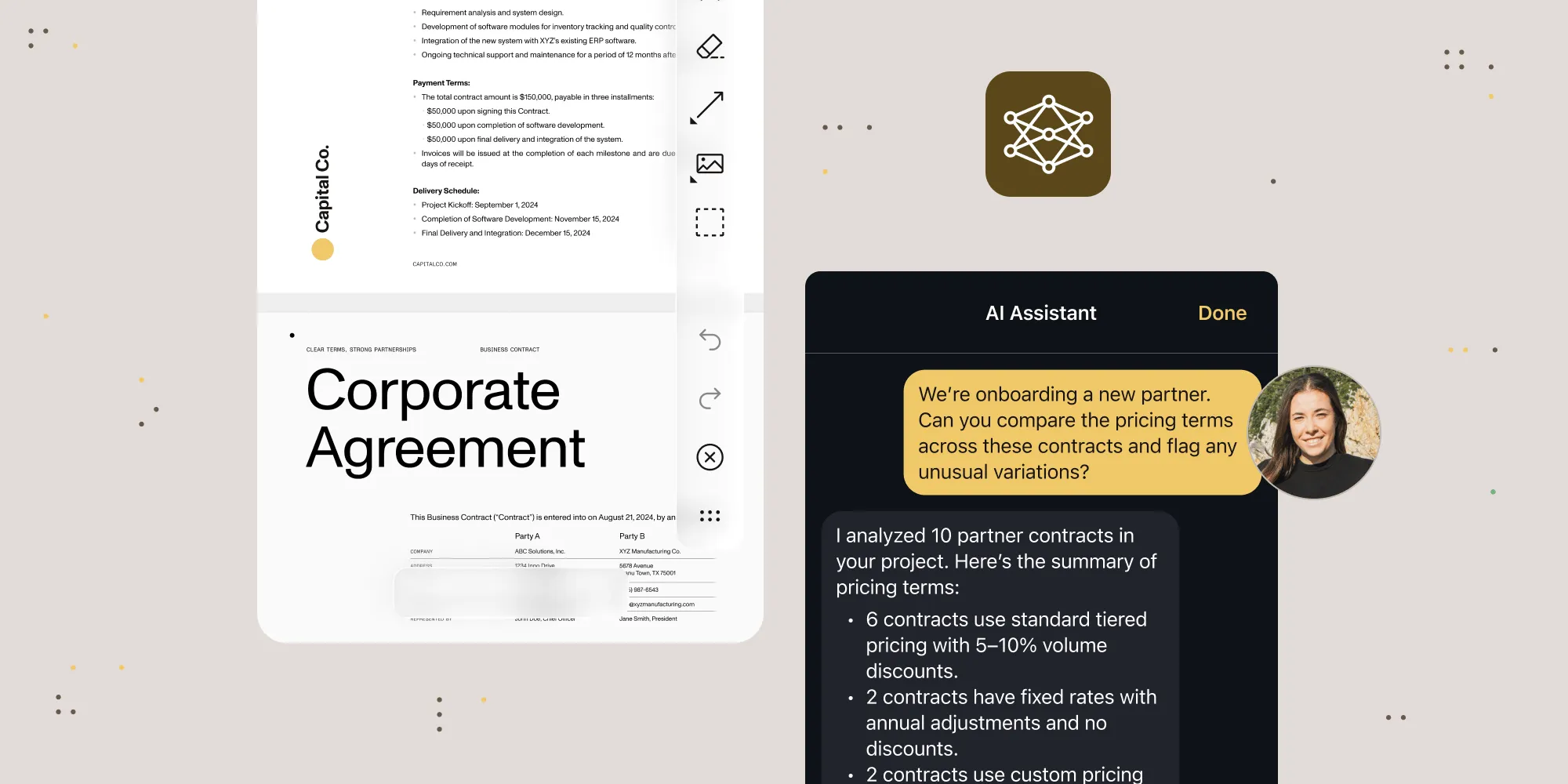 A corporate agreement document displayed on the left with an AI Assistant chat panel on the right. The user asks 'We’re onboarding a new partner. Can you compare the pricing terms across these contracts and flag any unusual variations?' The AI Assistant responds with a summary analyzing 10 partner contracts, noting that 6 use standard tiered pricing with volume discounts, 2 have fixed rates with annual adjustments, and 2 use custom pricing
