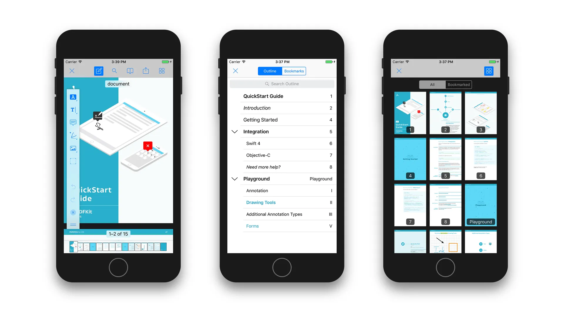 The Nutrient React Native PDF viewer on iOS showing annotations and document outline