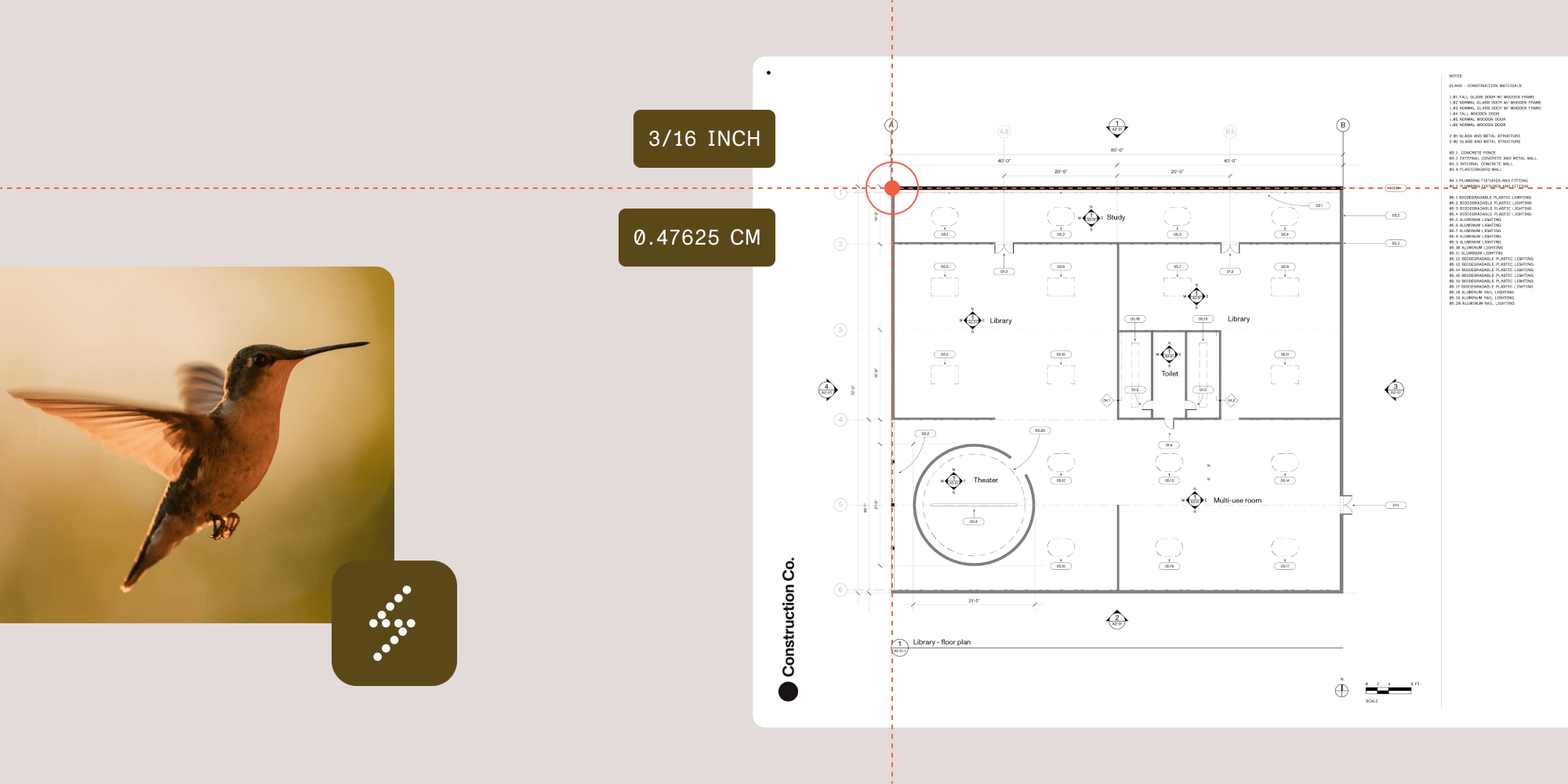 iOS SDK measurement tools displaying a construction floor plan labeled 'Library - floor plan' with rooms including Study, Library, Toilet, Theater, and Multi-use room. Two measurement callouts show fractional scale support: '3/16 INCH' and '0.47625 CM', demonstrating the ability to work with United States customary units. A decorative hummingbird photo and Nutrient icon badge appear on the left side