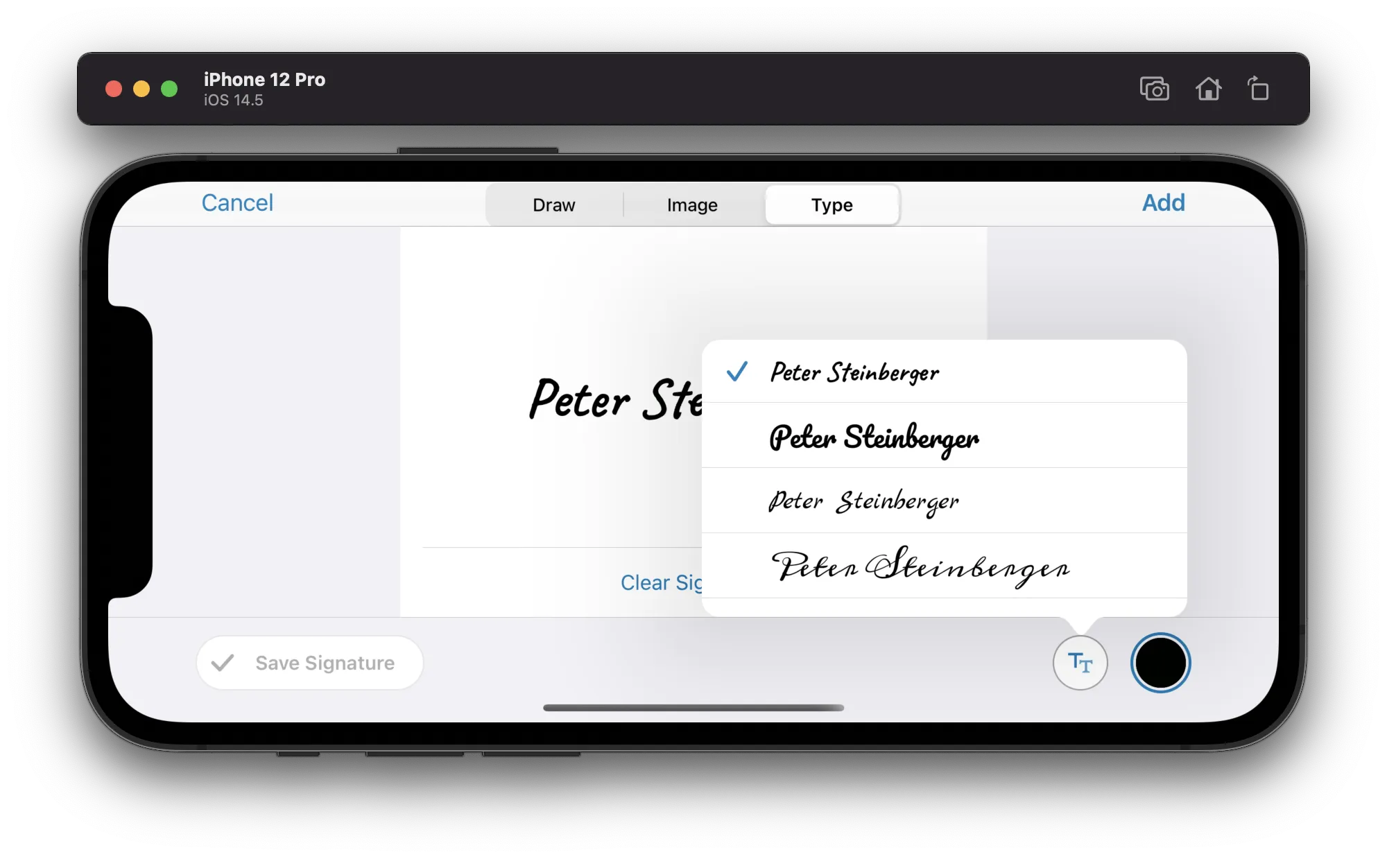 iPhone in landscape mode showing the new Electronic Signature feature
