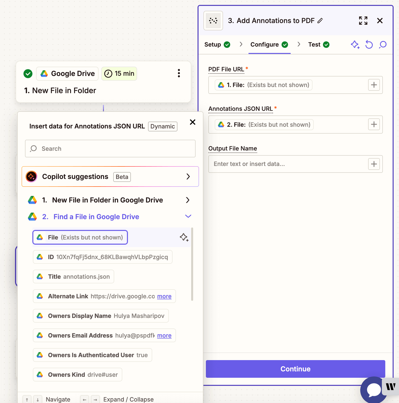 Map the Annotations JSON file URL to the action configuration