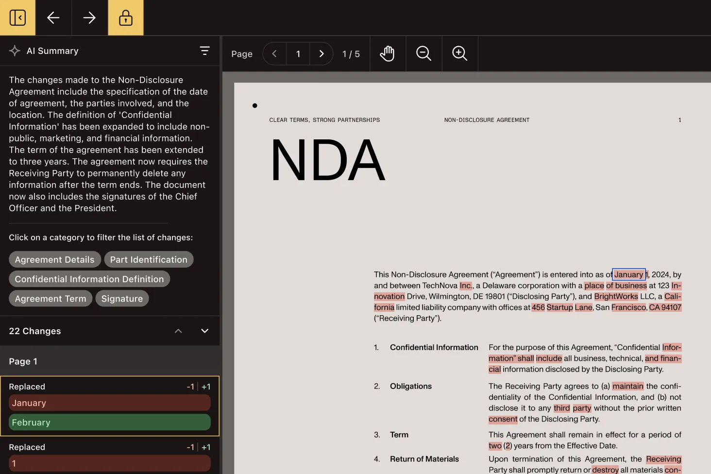 Web UI sidebar displaying an AI-generated summary of changes alongside a detailed list of edits