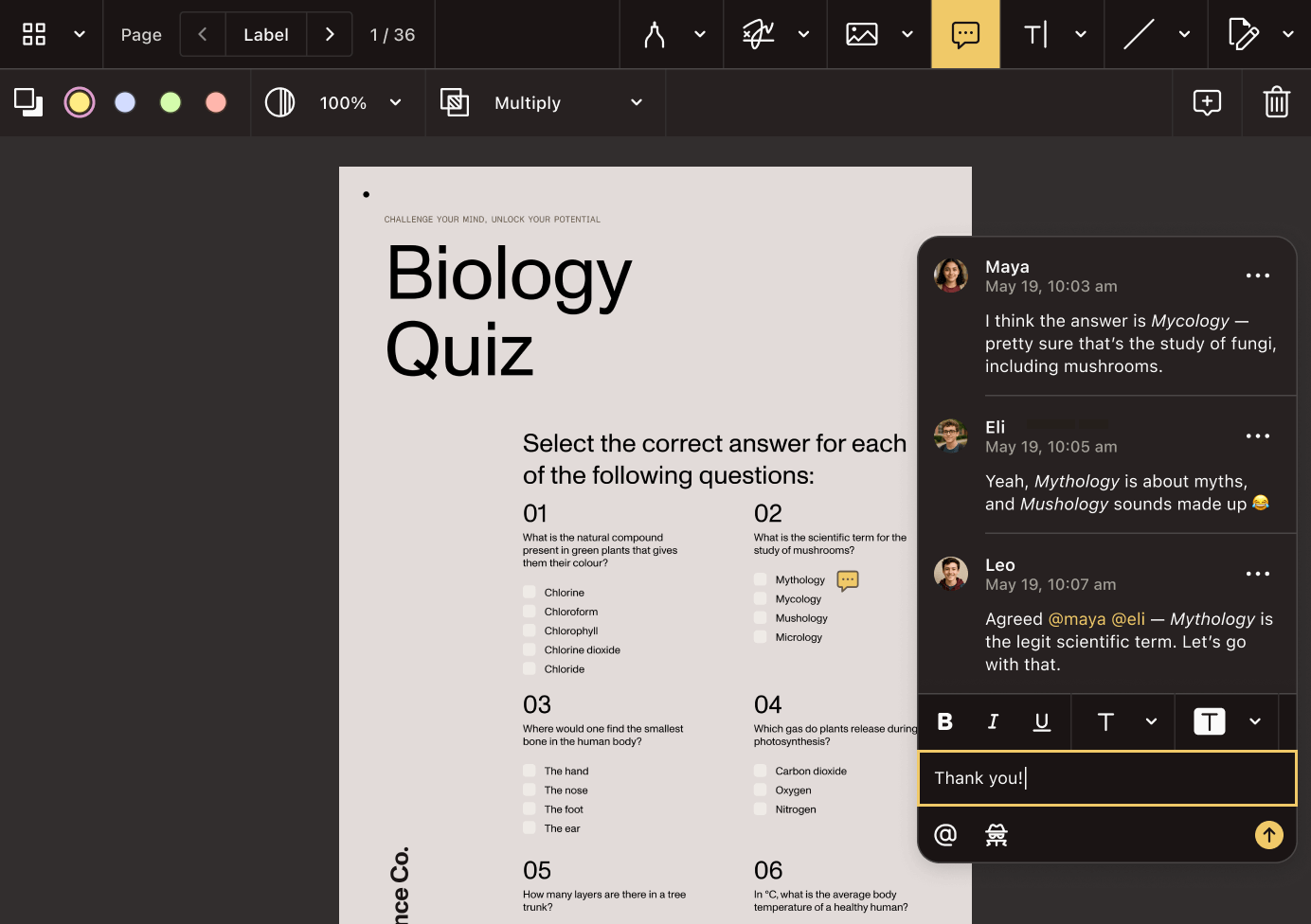 Web UI with a document open, showing comments and discussion