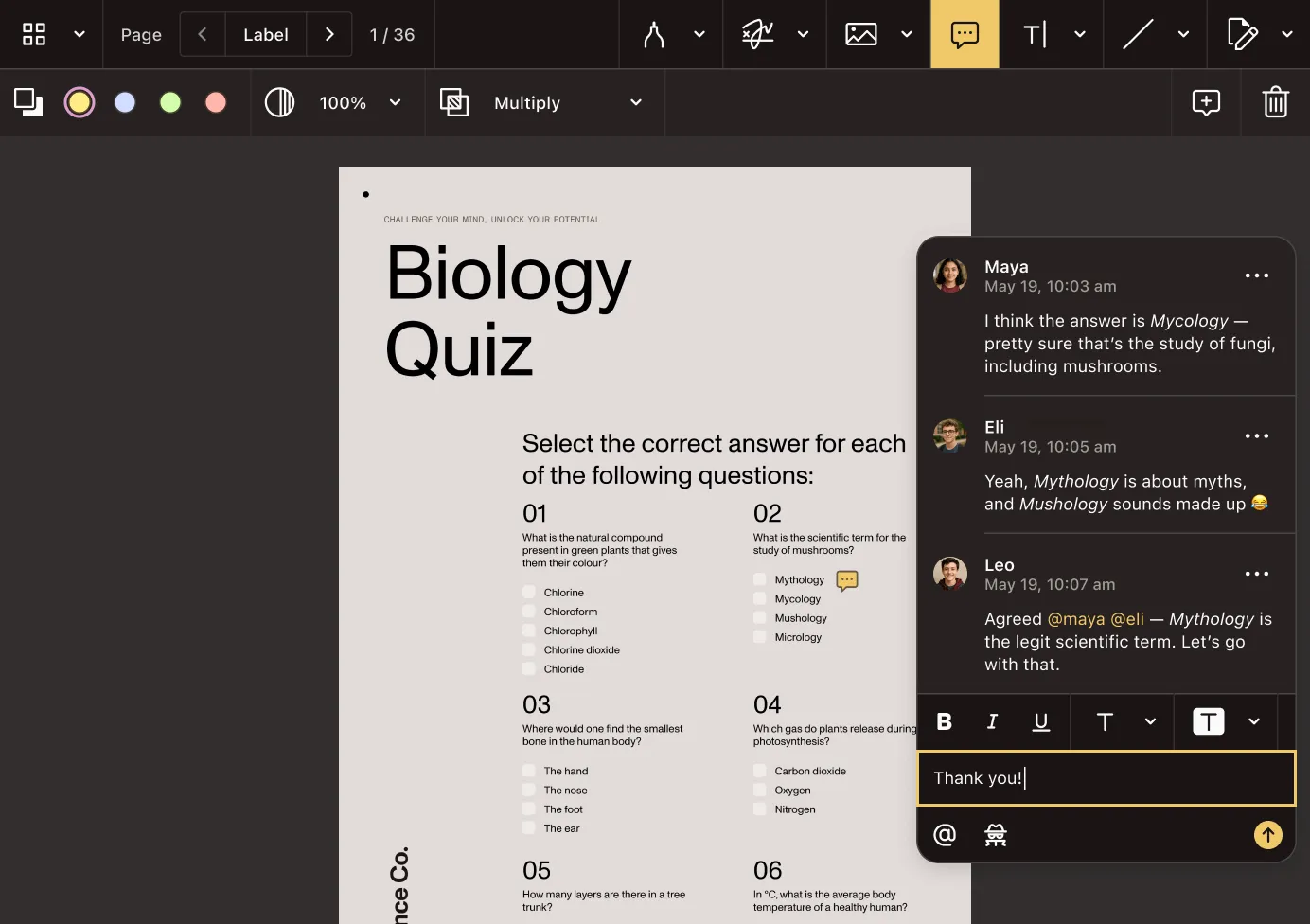 Web UI with a document open, showing comments and discussion