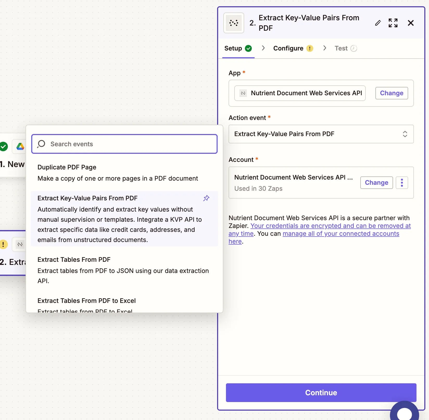 Select Extract KVPs from PDF as the action
