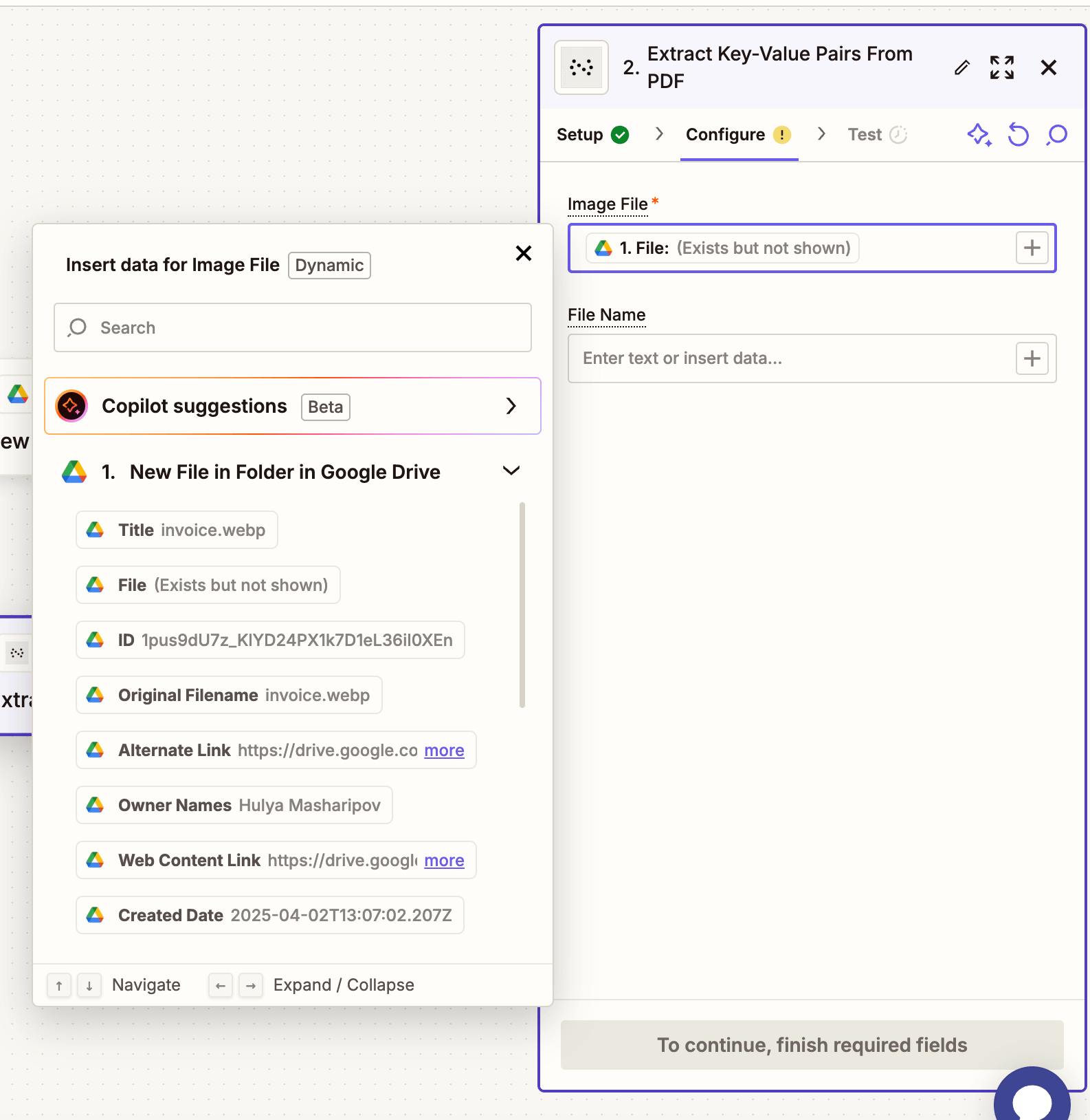 Map the file URL and output name fields