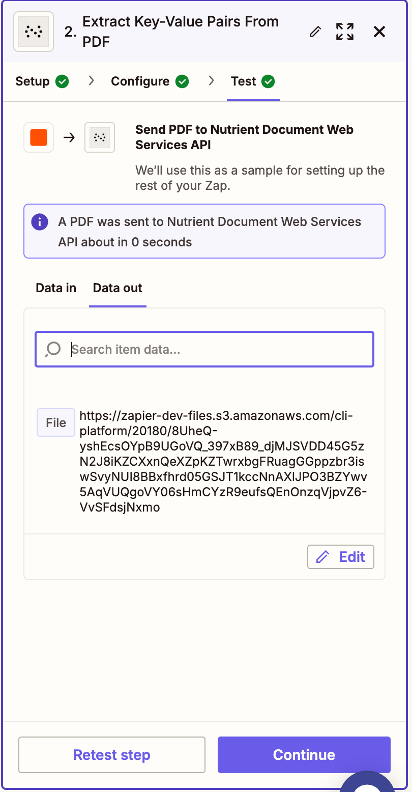 Test shows JSON with extracted KVPs