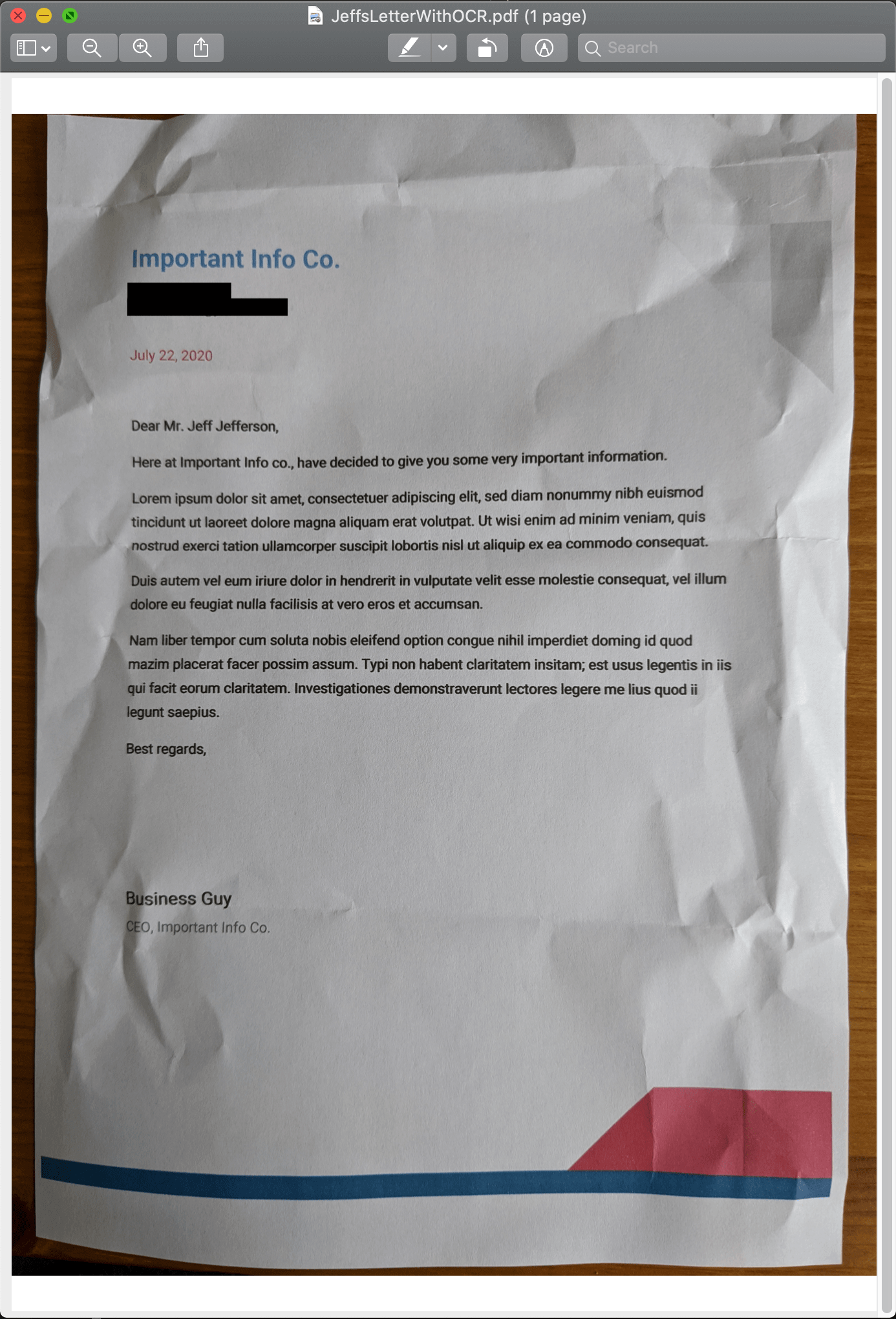 Jeff’s letter photograph after processing