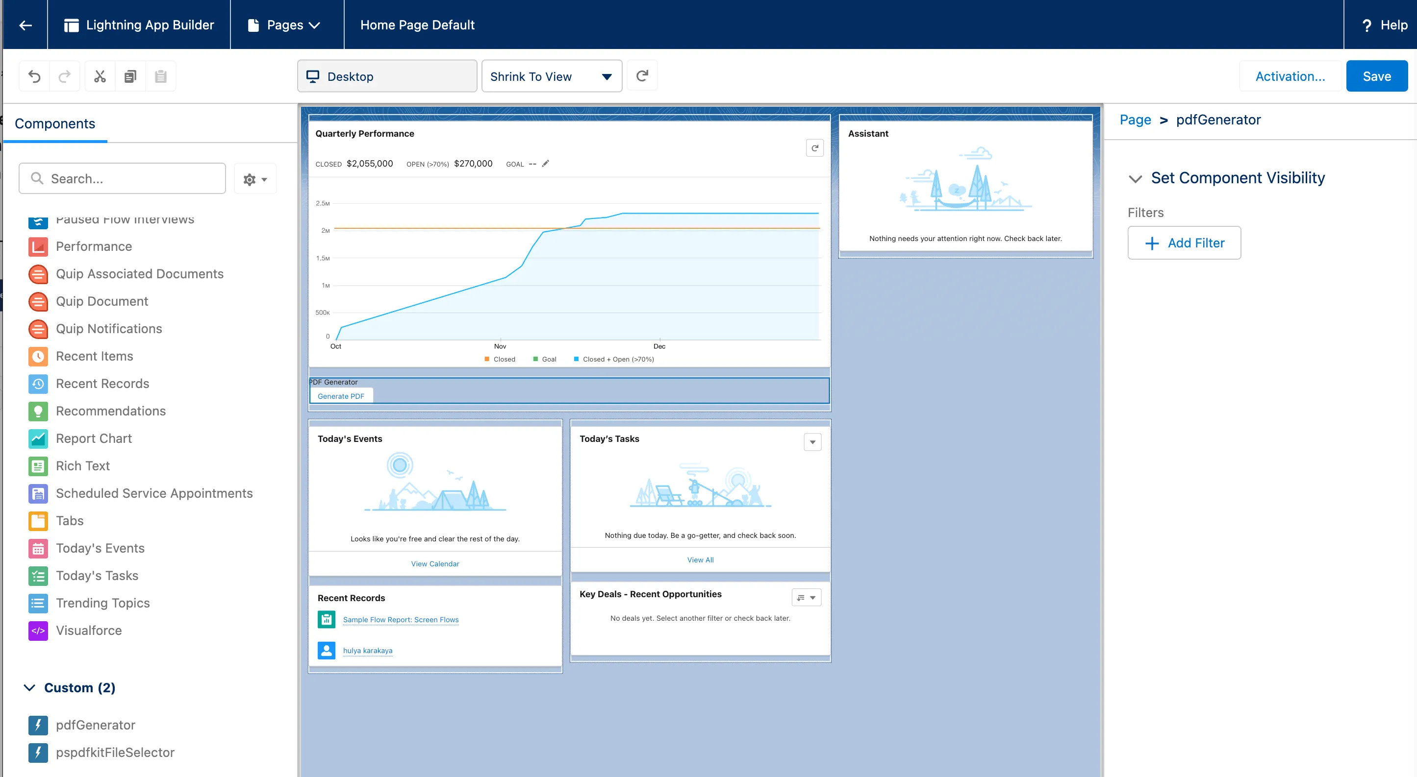 Lightning App Builder showing the pdfGenerator component being dragged onto a Sales page layout
