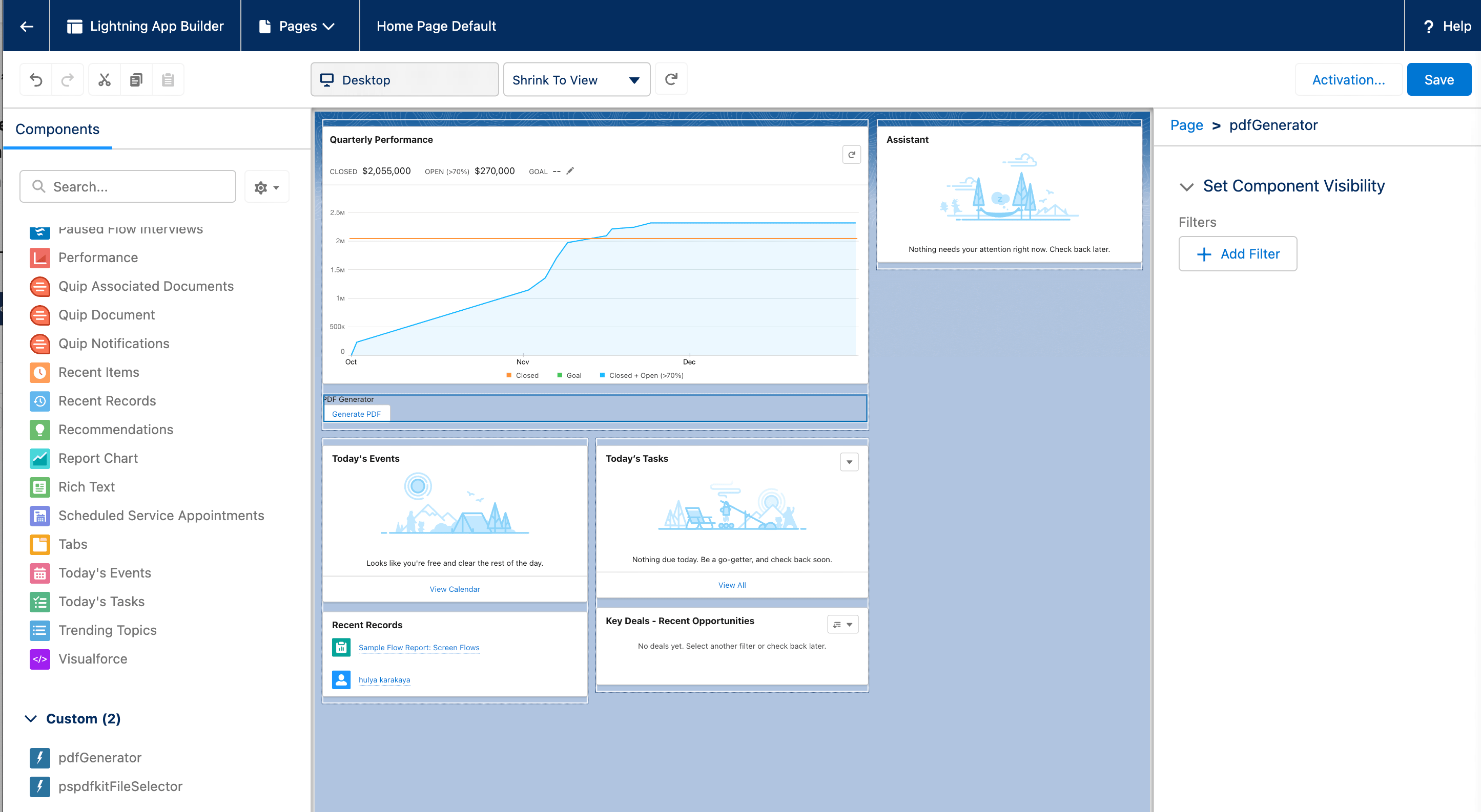 Lightning App Builder showing the pdfGenerator component being dragged onto a Sales page layout