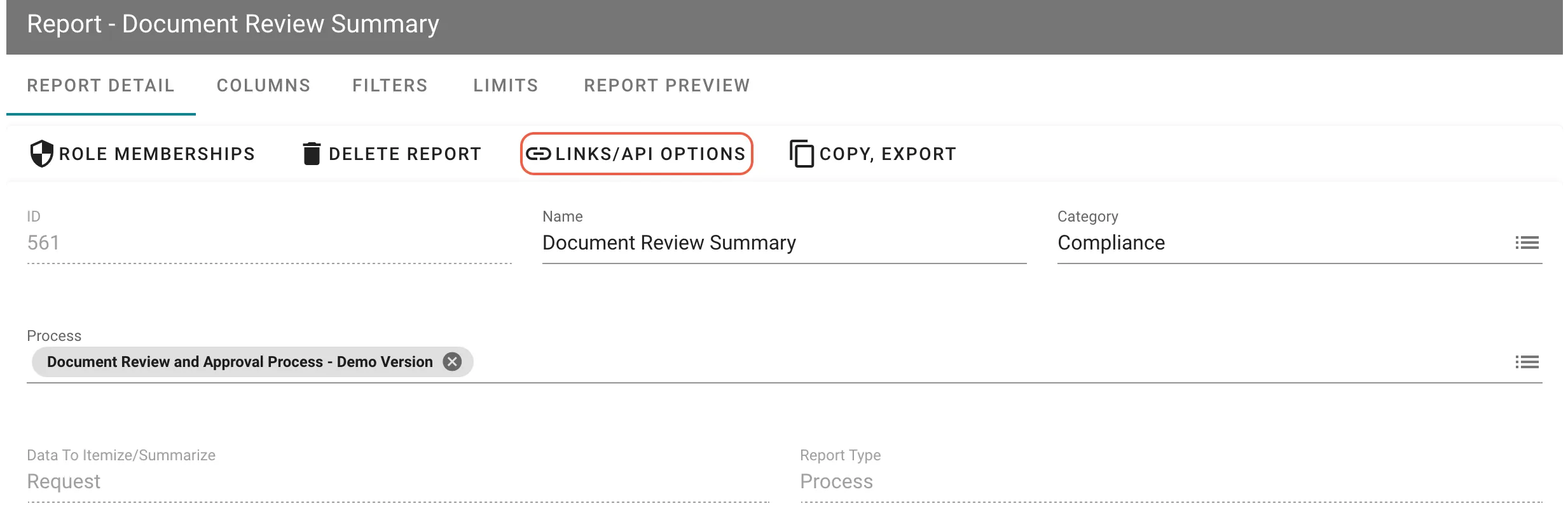 Links/API Options button in the report interface