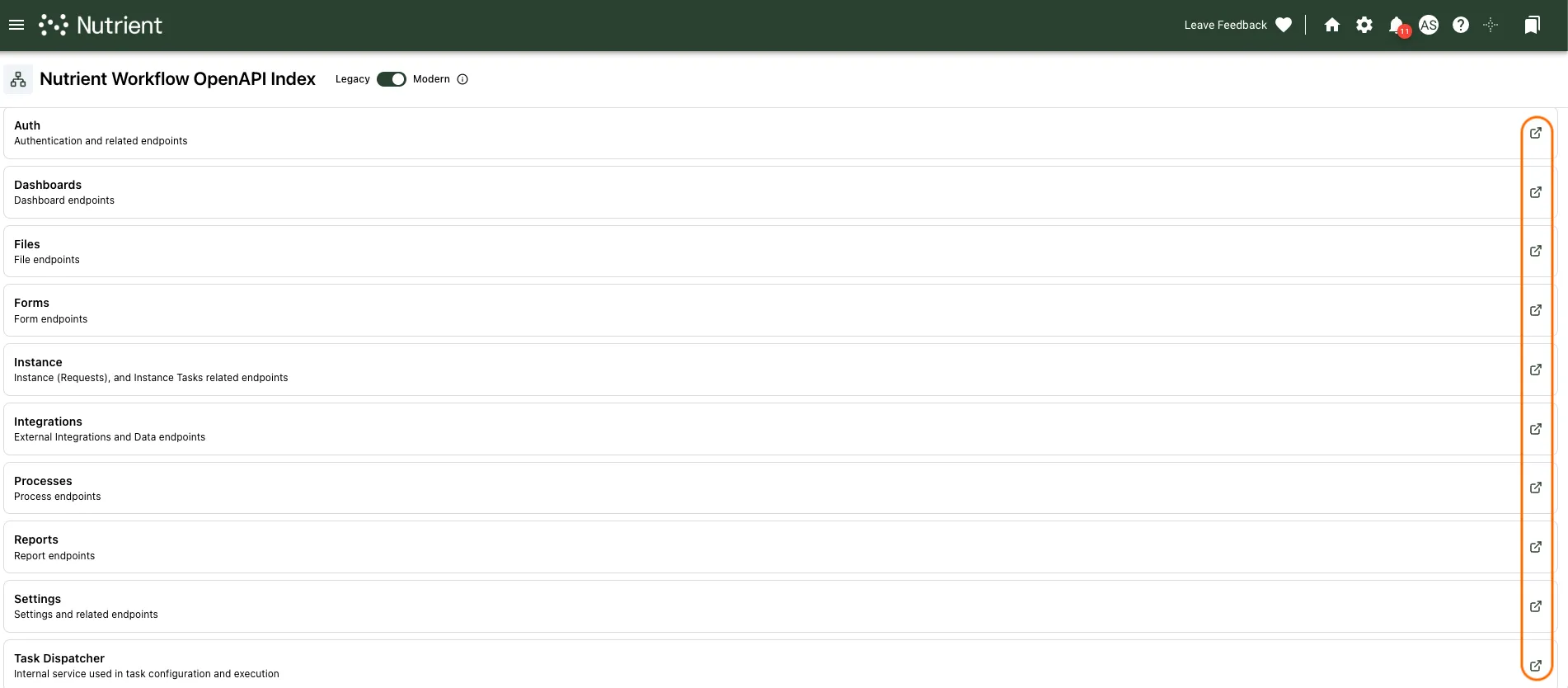 List of APIs with documentation link highlighted