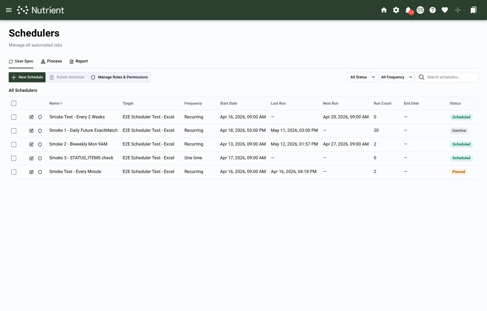 Example list view on the User Sync tab, showing name, target, frequency, run history, and status columns