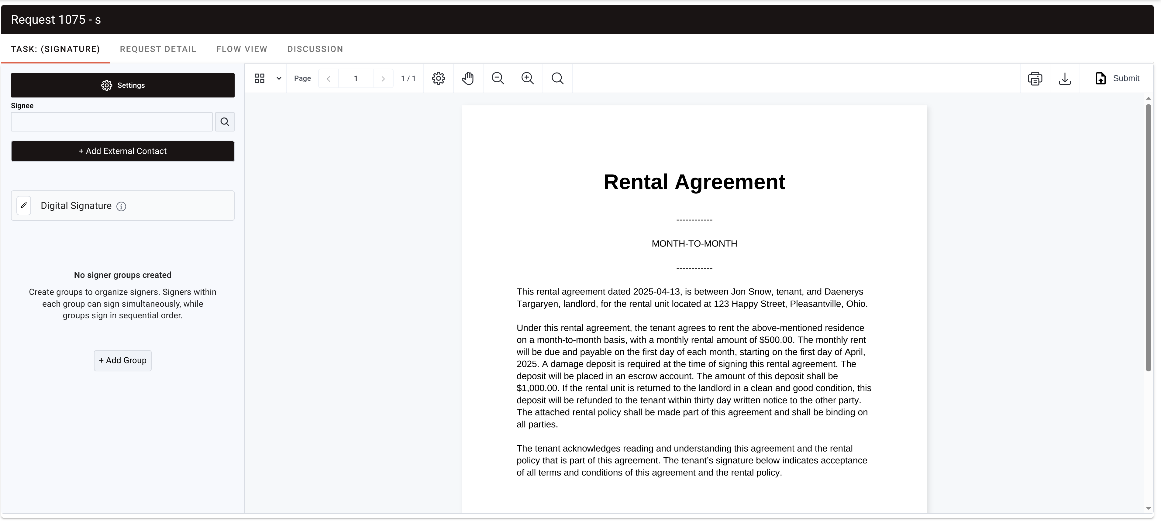 Loaded document and main controls
