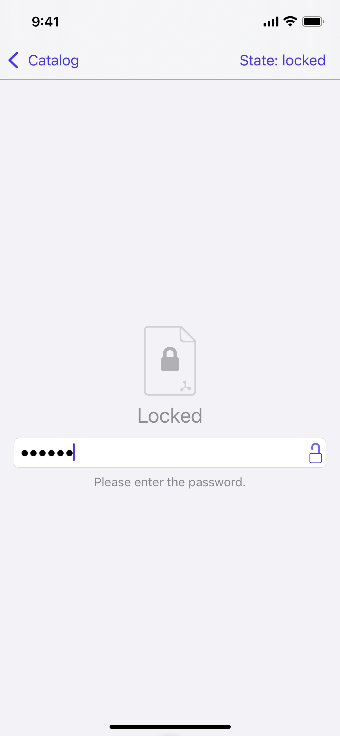 Screenshot of locked state with a password text field. Locked: Enter the password.