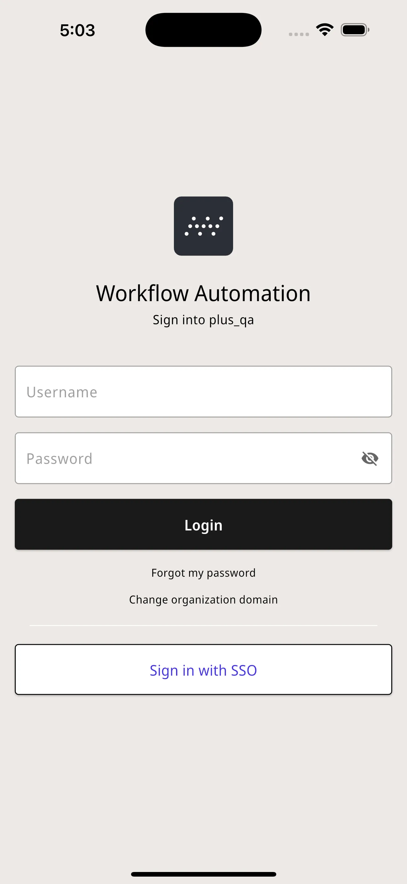 Nutrient Workflow Automation mobile app login screen showing authentication options