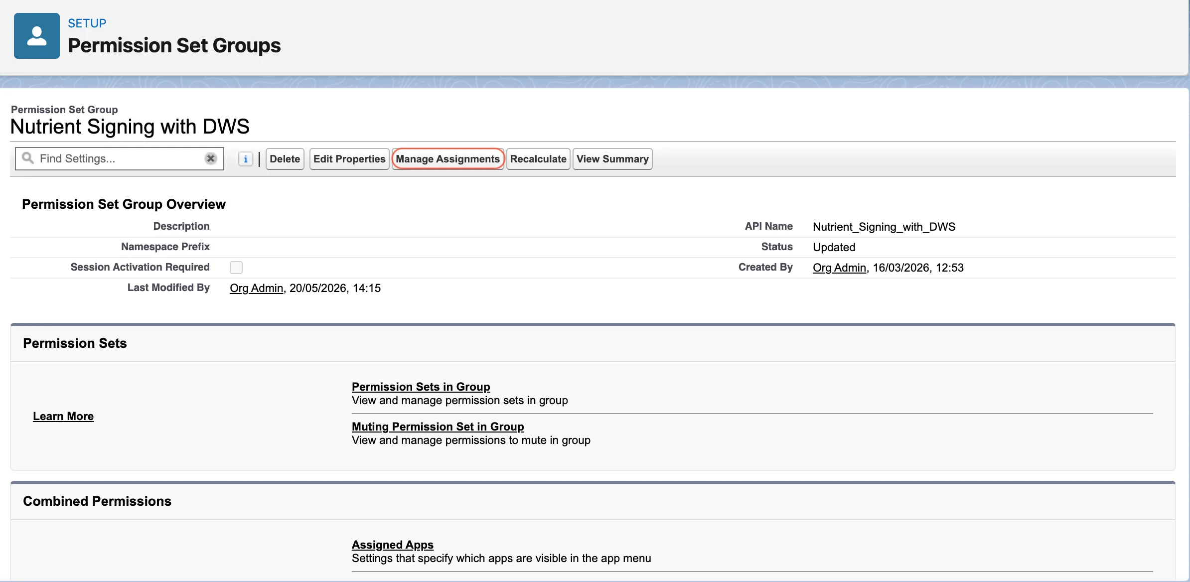 Permission Set Group page showing the Manage Assignments button