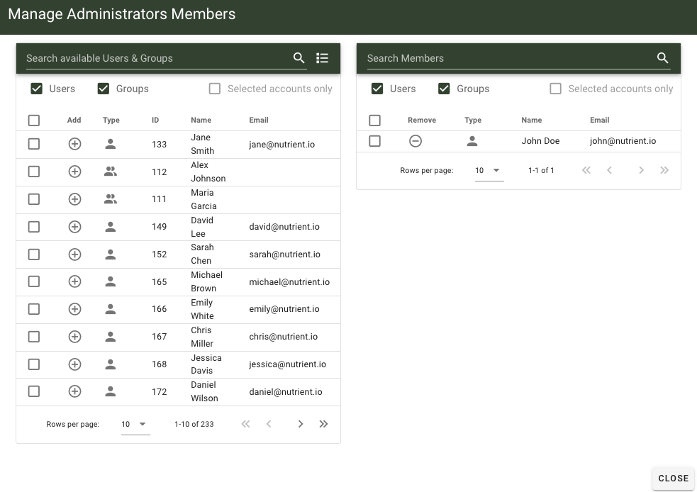 Manage Group Members view with plus icons to add users and groups