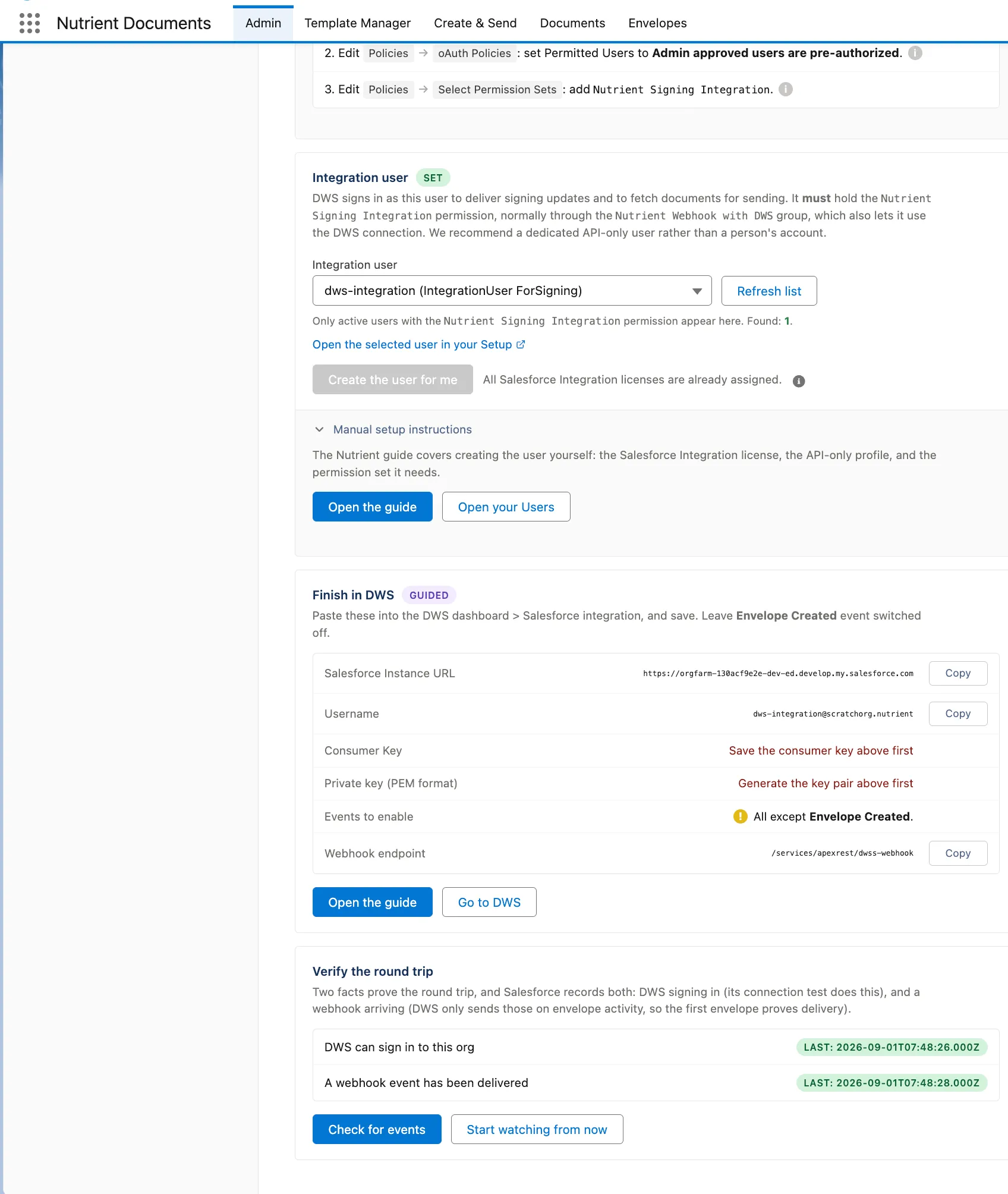 Nutrient Admin Inbound page showing manual setup instructions for selecting or creating the integration user